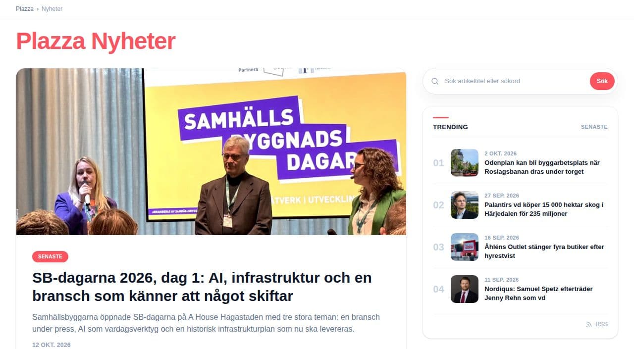 Förstasidan på Plazza Nyheter med senaste artikeln